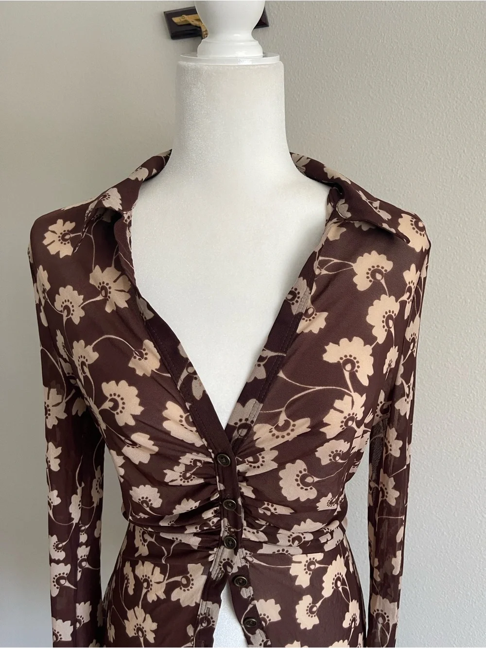 Free People Brown and Cream Floral Sheer Blouse